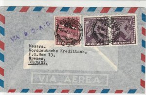 Chile 1957 Banco Londres Via B.O.A.C. Airmail to Germany 3xStamps Cover Ref25386