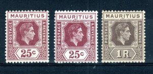 Mauritius 1949 25c chalk et ordinaire paper et 1r terne sg 259, 259b, 260c MH-