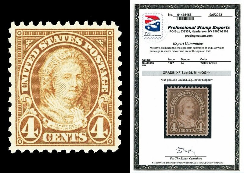 Scott 636 1927 4c Washington Rotary Press Mint Graded XF-Sup 95 NH with PSE CERT