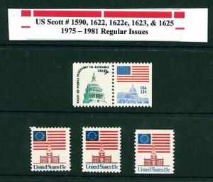 US SCOTT #1590, 1622, 1622c, 1623, & 1625 // 1975 - 1981 Regular MNH Issue