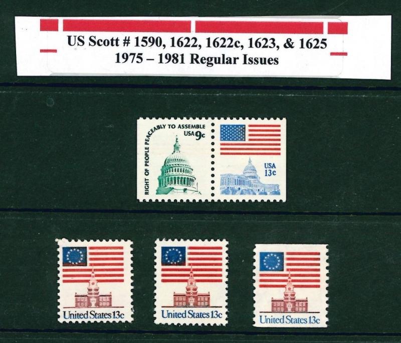 US SCOTT #1590, 1622, 1622c, 1623, & 1625 // 1975 - 1981 Regular MNH Issue   