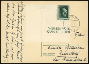 Germany #646 Postal Card Cologne to Dusseldorf 1937 Deutsches Reich Europe