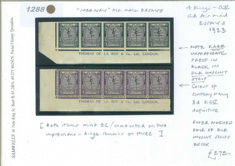 GB *MERCURY* AIR MAIL ESSAYS Corner Margin Blocks {2} Inc IMPERF PROOF 1923 1288