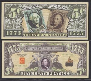 Novelty Currency Featuring US Postage Stamps, 2 each of 5 Different = 10 bills