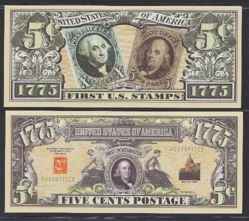 Novelty Currency Featuring US Postage Stamps, 2 each of 5 Different = 10 bills