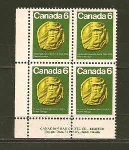 Canada 531 Sir Donald Smith Lower Left Block of 4 MNH