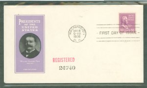 US 831 1938 50c William Howard Taft (presidential/prexy series) single on an unaddressed registered first day cover with an Ioor