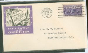 US 835 1938 3c Ratification of the Constitution on an addressed (typed) FDC with a Staehle cachet