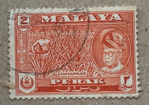 Malaya Perak 1957 2c orange-red Pineapples, used. Scott 128, CV $1.00. SG 151