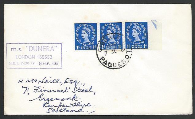 GIBRALTAR 1961 cover, GB stamps, PAQUEBOT cds, MS Dunera cachet.............H319