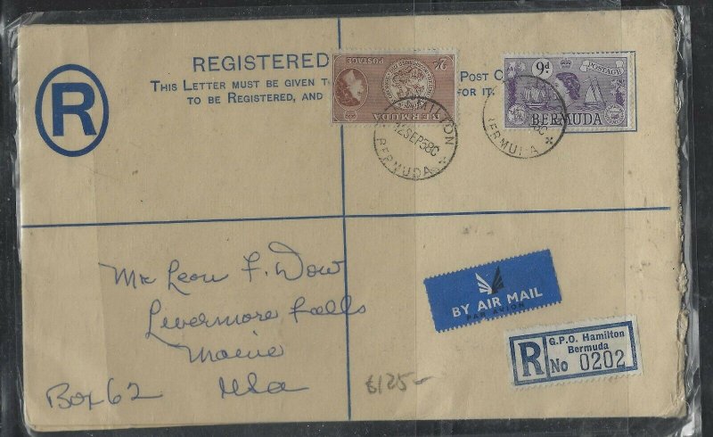 BERMUDA COVER (P1604B)1958 KGVI 3D RLE+QEII 2/-+9D REG A/M COVER TO USA