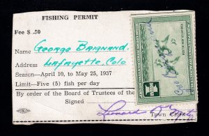 US RW4 $1 Duck Hunting Used on 1937 Fishing Permit from Lafayette, Co. SCV $70