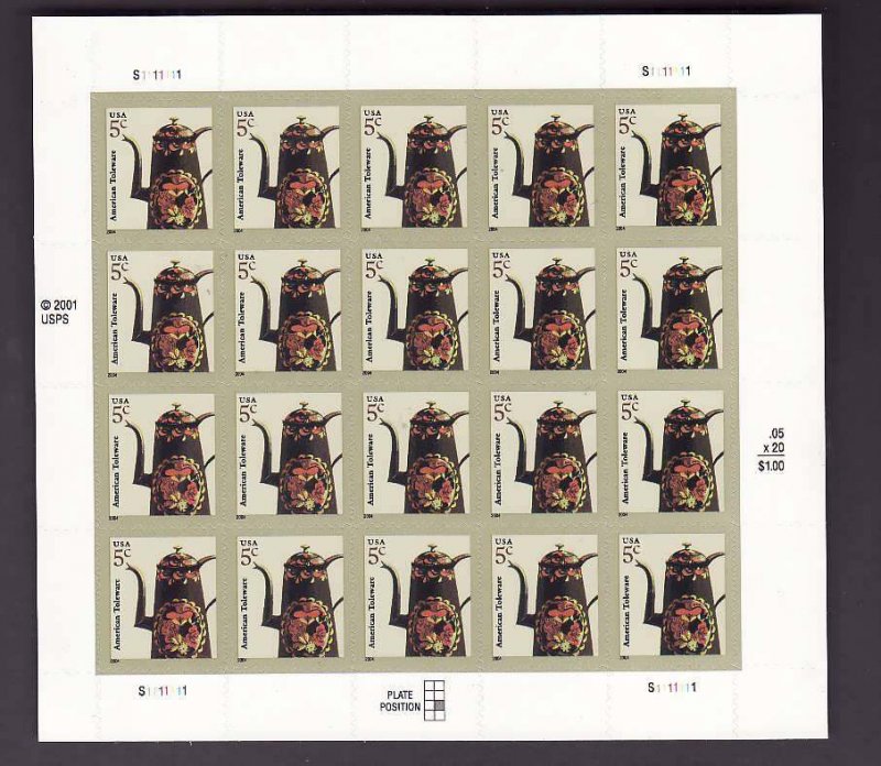 USA-Sc#3756- id12-unused NH sheet-Toleware coffeepot-2004-