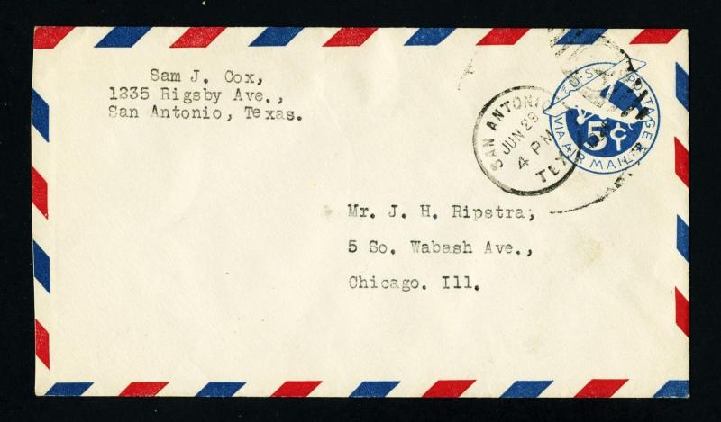 Air Mail Cover from San Antonio, Texas to Chicago, Illinois dated 6-29-1929