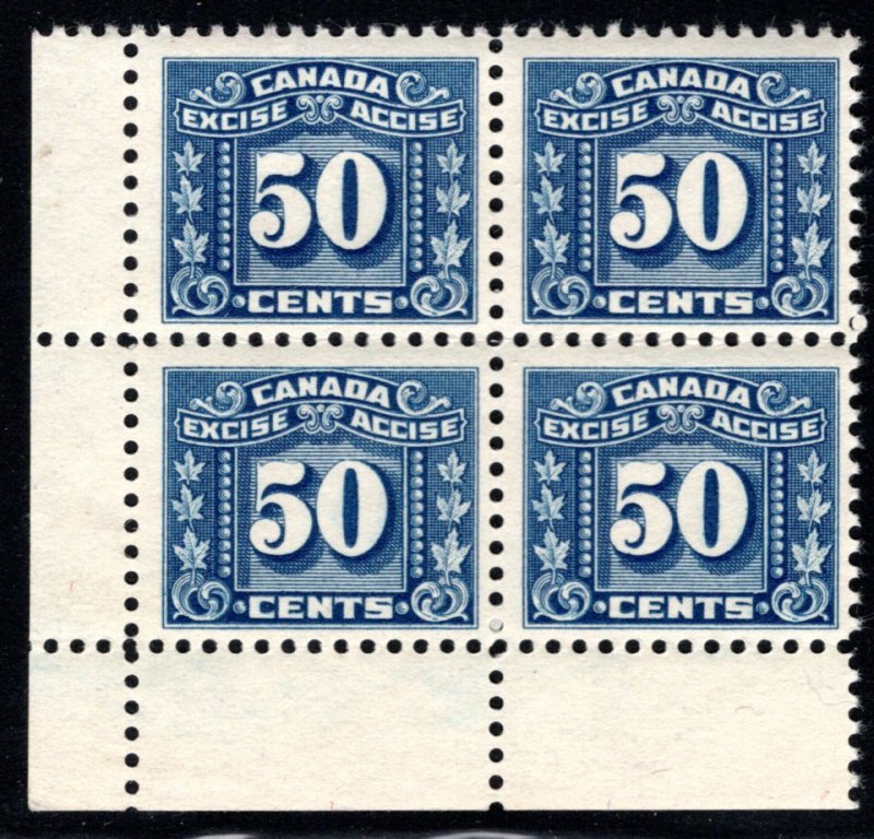 van Dam FX80, MNHOG, LL Corner Block of 4, 3 Leaf Federal Excise, Canada Revenue