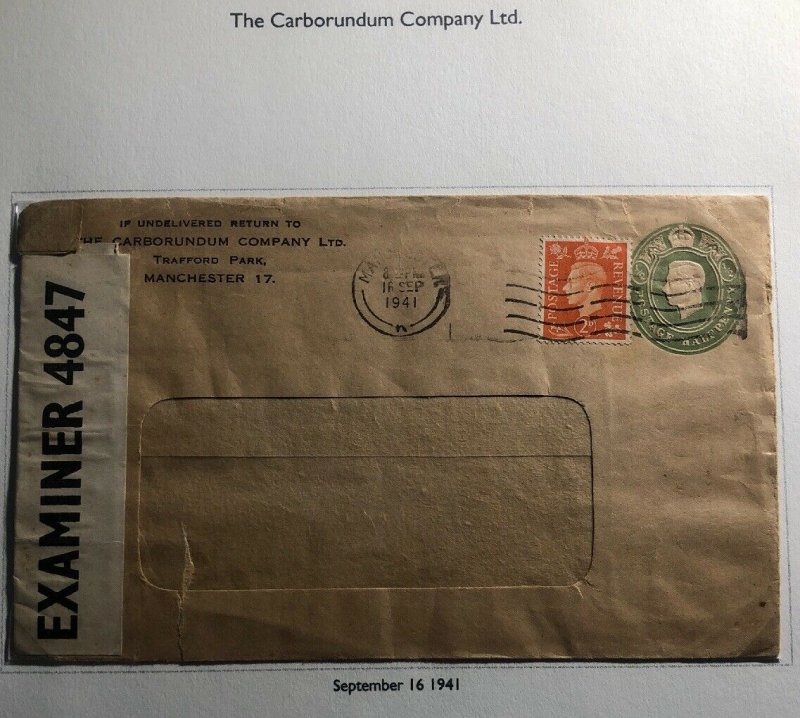 1941 Manchester England Carborundum Co Stationery Window Censored Cover