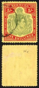 Bermuda SG118b KGVI 5/- Pale Green and Red/yellow Line Perf 14.25 (Ref 30)