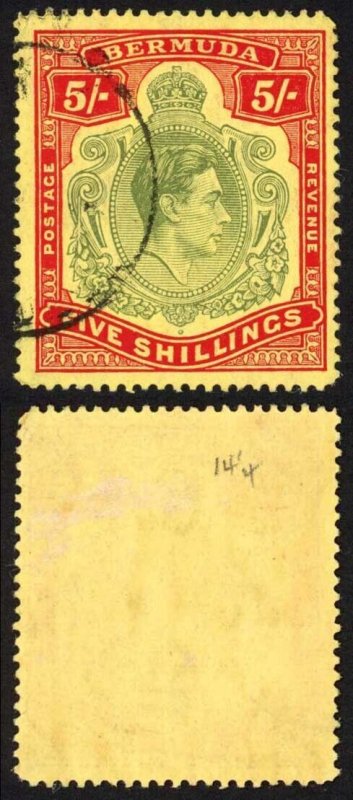 Bermuda SG118b KGVI 5/- Pale Green and Red/yellow Line Perf 14.25 (Ref 30)