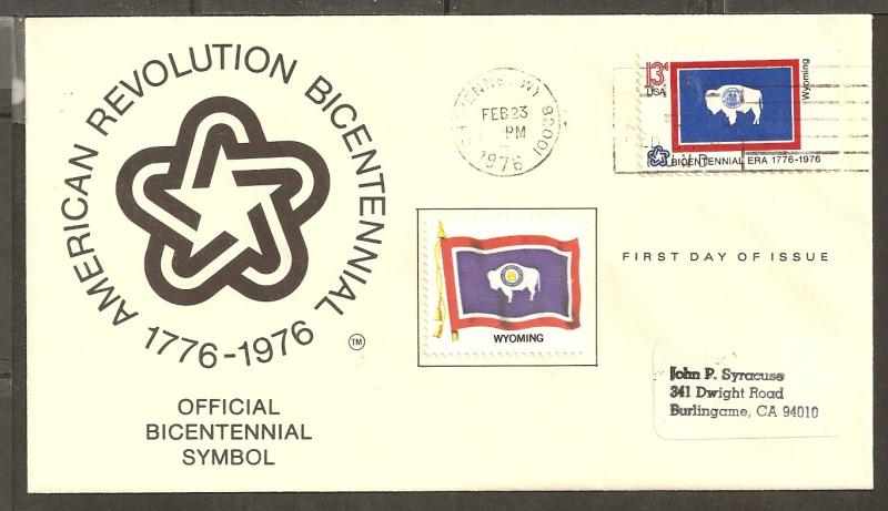 US State Flag Wyoming 1976 Unknown Label FDC BIN 11411