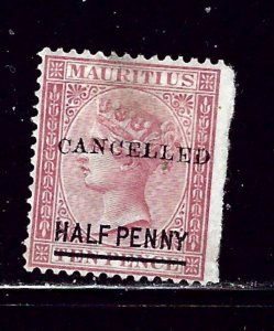 Mauritius 46 Used 1876 overprint  might be a thin spot under a hinge remnant