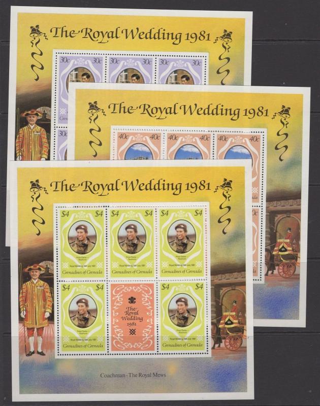 GRENADA GRENADINES SG446,8,9 1981 ROYAL WEDDING p15x14½ SHEETLETS MNH