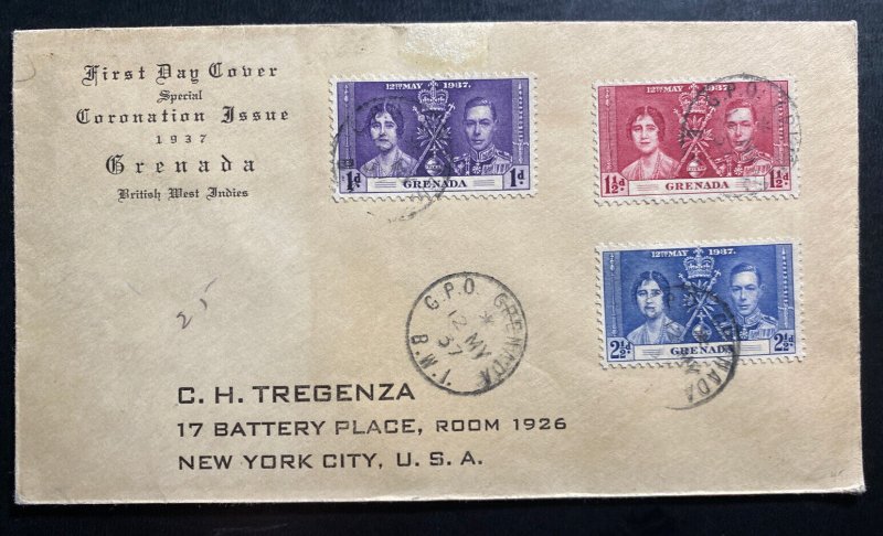 1937 Grenada First Day Cover To New York King George VI Coronation KGVI