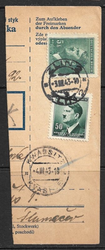 BOHEMIA AND MORAVIA 1943 HITLER HEADS on Parcel Card Half ZLIN 2 Used