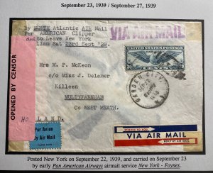 1939 Garden City NY USA Censored Trans Atlantic Airmail Cover to Killeen Ireland