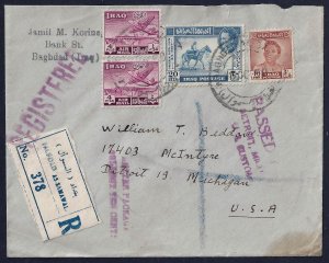 IRAQ 1950 REGISTERED AIR MAIL BAGDAD AS SAMAWAL TO US W/PALESTINE AID STAMP NEAT