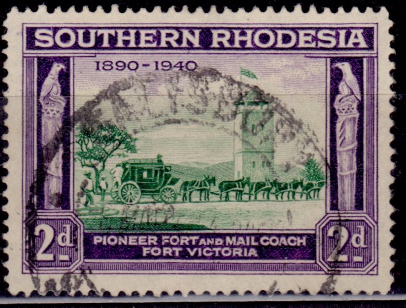 Southern Rhodesia 1940, Pioneer Fort & Mail Coach, 2d, sc#59, used