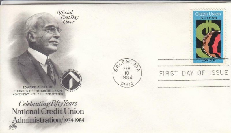 1984, 50th Anniv. National Credit Union Administration, Artcraft, FDC (D14703)