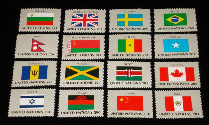 U.N.N.Y.#399-414 FLAG SERIES 1983  MNH, SET OF 16 SINGLES OF 16 NICE!! LQQK!!