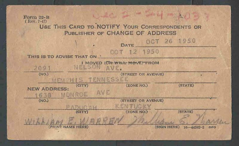 1950 U.S.Post Office Dept Official Business Card Form #22-BTo Notify See Info