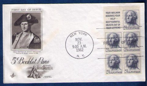 FDC Sc 1213a (1962) Washington booklet pane of 5 + label Very Fine