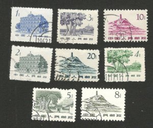 CHINA - 8 USED STAMPS - ARCHITECTURE - NATURE - 1962.