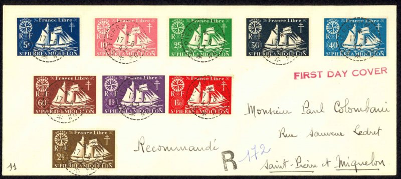 St. Pierre & Miquelon Sc# 300-308 FDC 1942 8.17 St. Malo Fishing Schooner