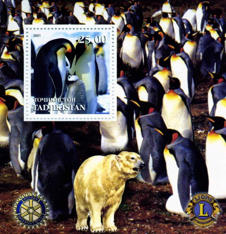 Tajikistan 2001 PENGUINS Lions & Rotary Emblem s/s Perforated Mint (NH)