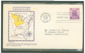 US 837 1938 3c Northwest Territory/150th Anniversary (single) on an addressed (typed) FDC with a Grandy cachet