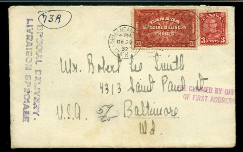 3c surface to USA 20c Special Delivery fee 1932 cover Canada