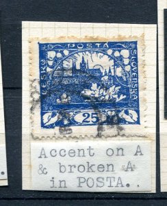 Czechoslovakia 1919 Perf Used 25H ERROR Accent on A & broken A in POSTA 8503