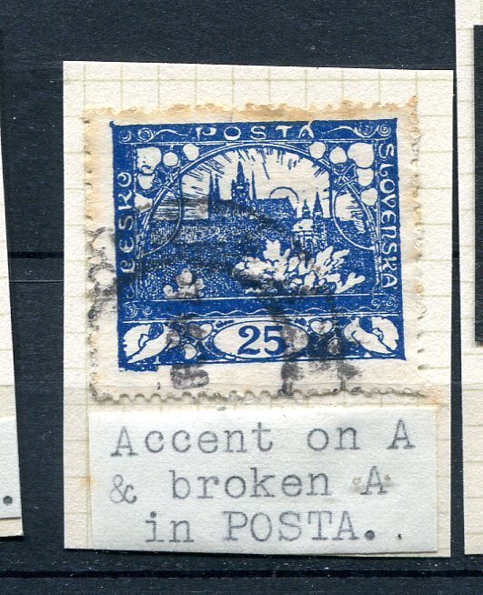 Czechoslovakia 1919 Perf Used 25H ERROR Accent on A & broken A in POSTA 8503