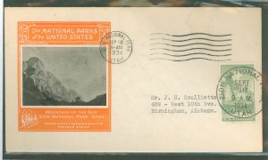 US 747 1934 8c Zion (part of the Nat'l Parks series) on an addressed (typed) FDC with an Ioor cachet