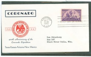 US 898 3c Coronado/400th Anniversary of The Expedition of Exploration on an addressed (typed)FDC with a paper-craft cachet .