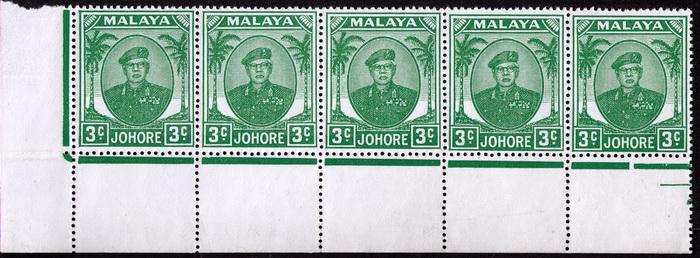 Malaya - Johore # 132var  Mint yellow green VF NH strip 5