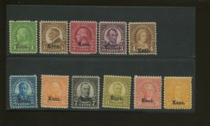 United States Postage Stamps #658-668 F/VF Mint Lightly Hinged Kansas Overprint