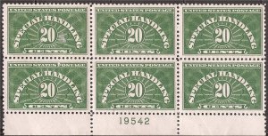 US Stamp - 1940 20c Special Handling - 6 Stamp Plate Block MLH - Scott #Q3