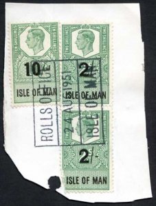 Isle of Man KGVI 10/- and 2 x 2/- Key Plate Type Revenues CDS on Piece