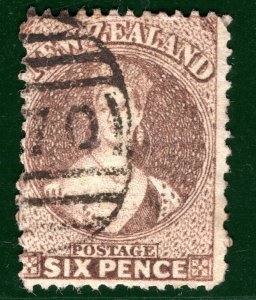 NEW ZEALAND QV Classic CHALON Stamp SG.122a 6d Brown (1867) Used c£50- PIBLUE55