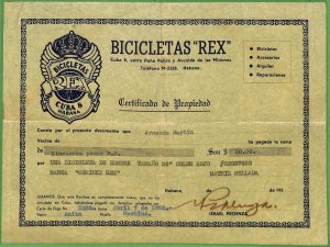 ZA1894 - HABANA - VINTAGE Certificate of Ownership of REX BICYCLE  1952