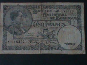 BELGIUM-1938-NATIONAL BANK-KINGFOM-5 FRANCS- CIRCULATED-VF-86 YEARS OLD